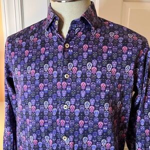 EUC Men's Visconti Navy Pink Purple Skull Print Button Front Shirt Size MEDIUM